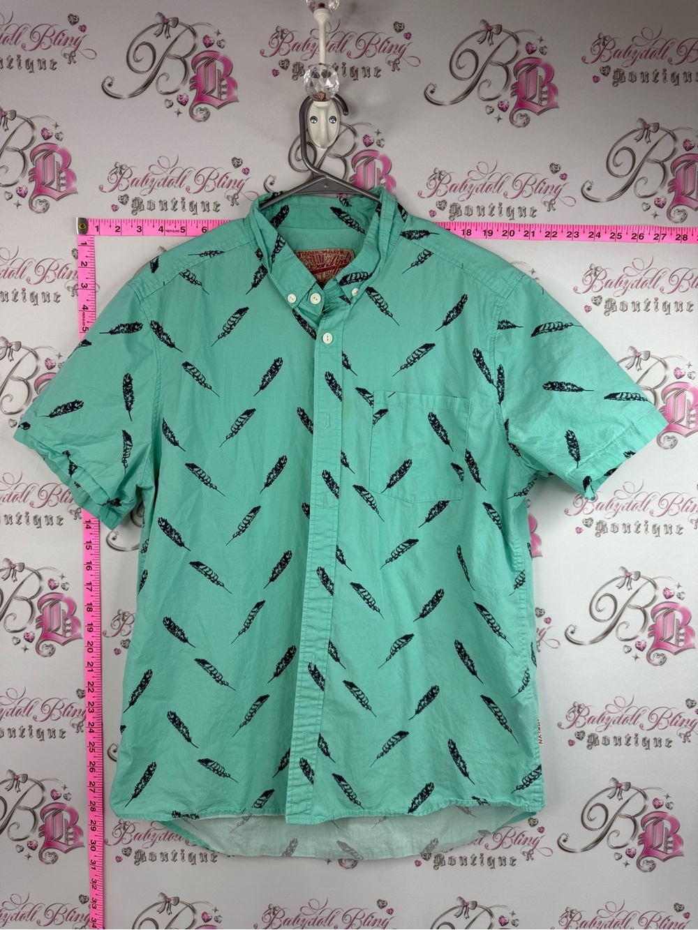 Brooklyn Cloth shirt tee Mint Short-Sleeve Button-Down Shirt with Feather Print